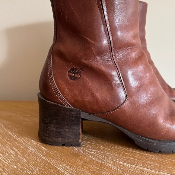 Timberland Genuine Leather Boots Block Heel Booties Distressed Tan Brown 7.5 - Picture 2 of 12